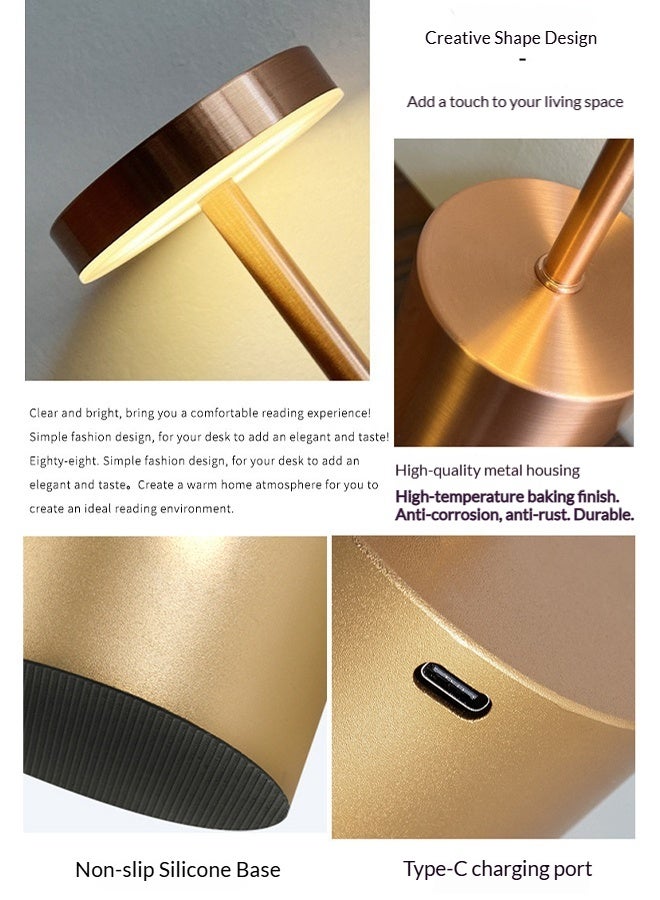 LED Table Light Cordless Desk Lamp USB Battery Rechargeable Gold - Image 2